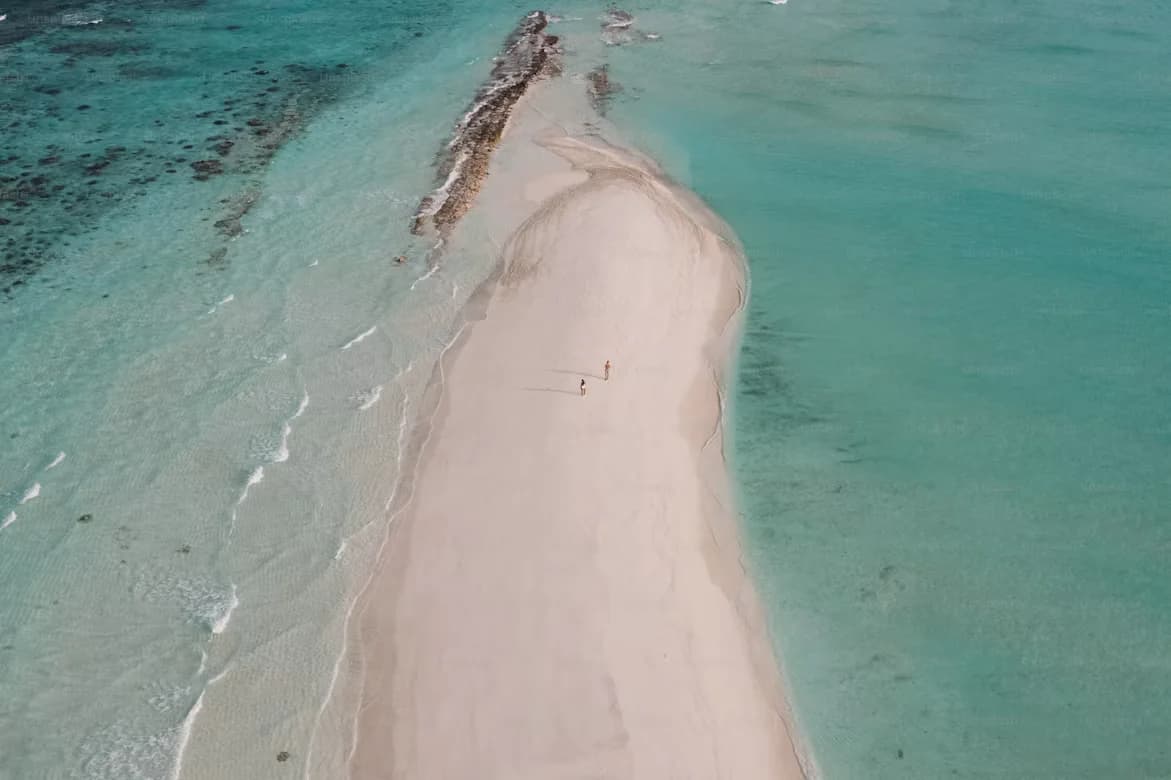 Zwei Spaziergänger auf einer Sandbank im flachen Wasser