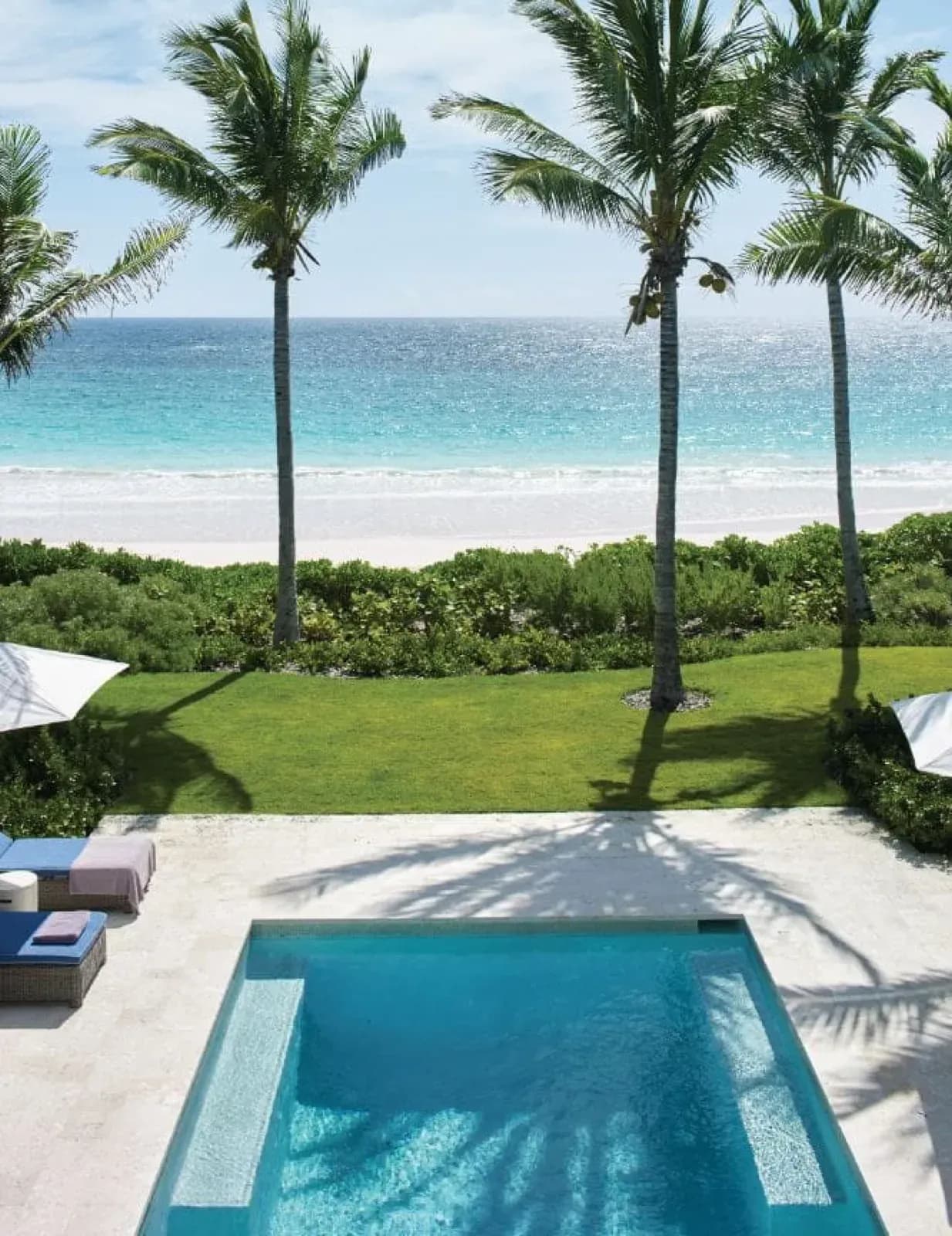 The Dunmore – Pool im Garten mit Blick über die Palmen zum Strand